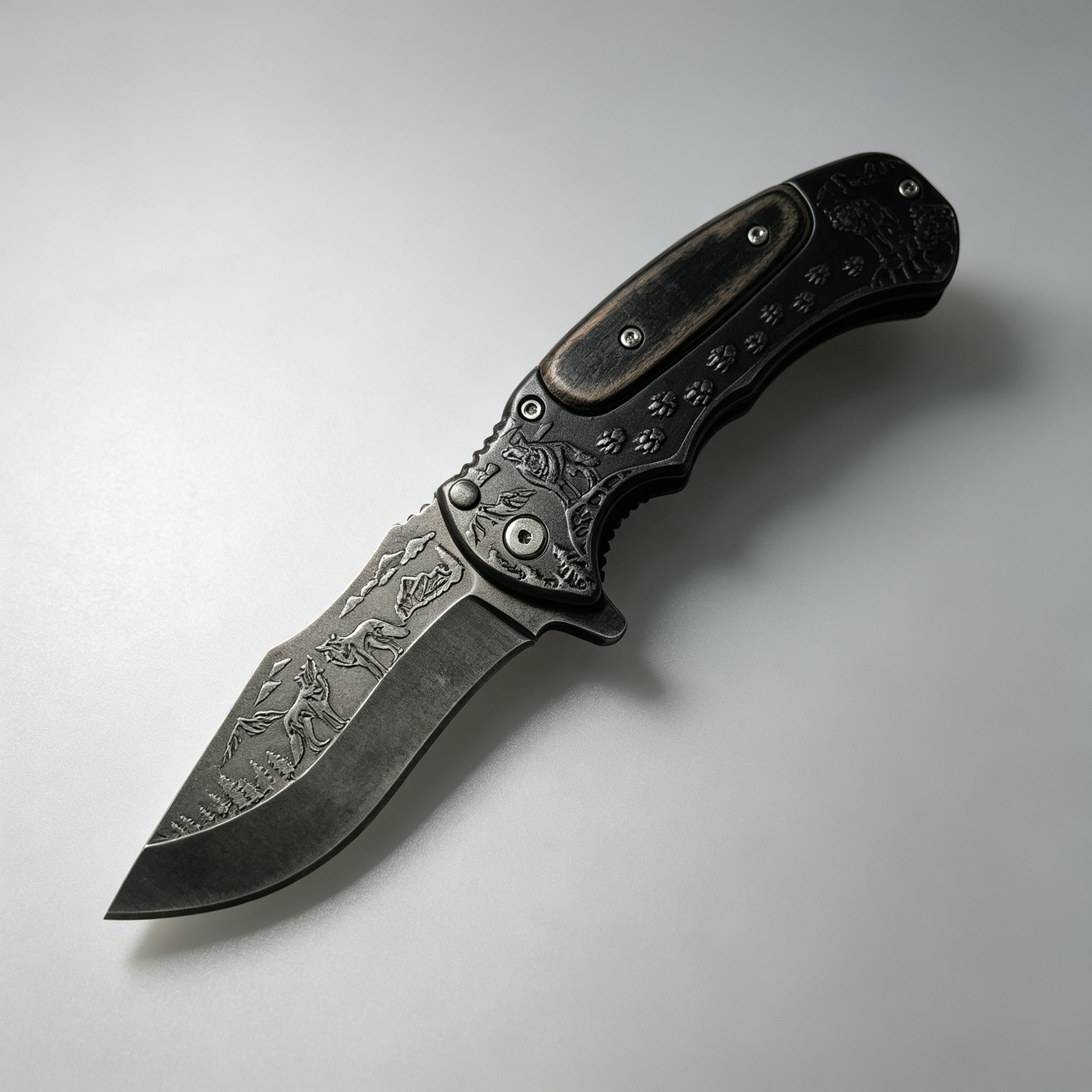 PH03 Folding Knife – Wolf Etch, Wood Inlay — view 2