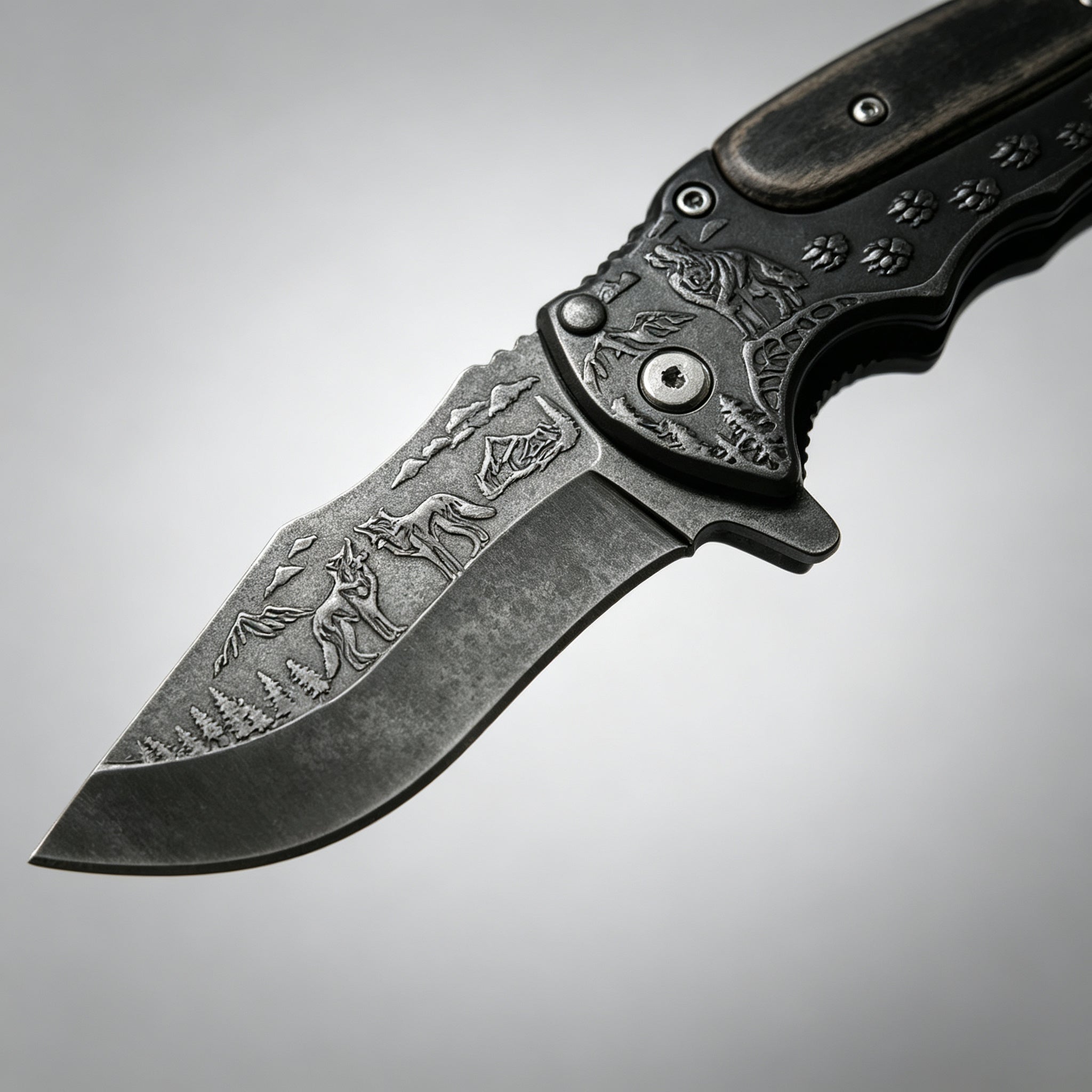 PH03 Folding Knife – Wolf Etch, Wood Inlay — view 3