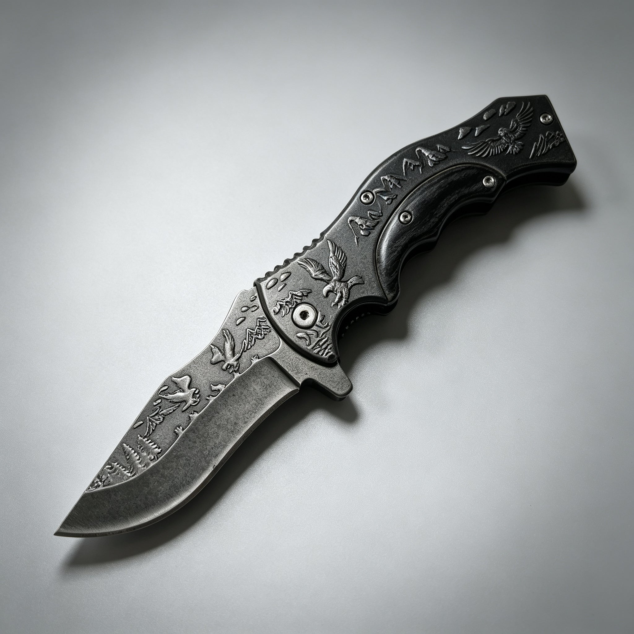 PH03-1 Folding Knife – Eagle Etch, Wood Inlay — view 2