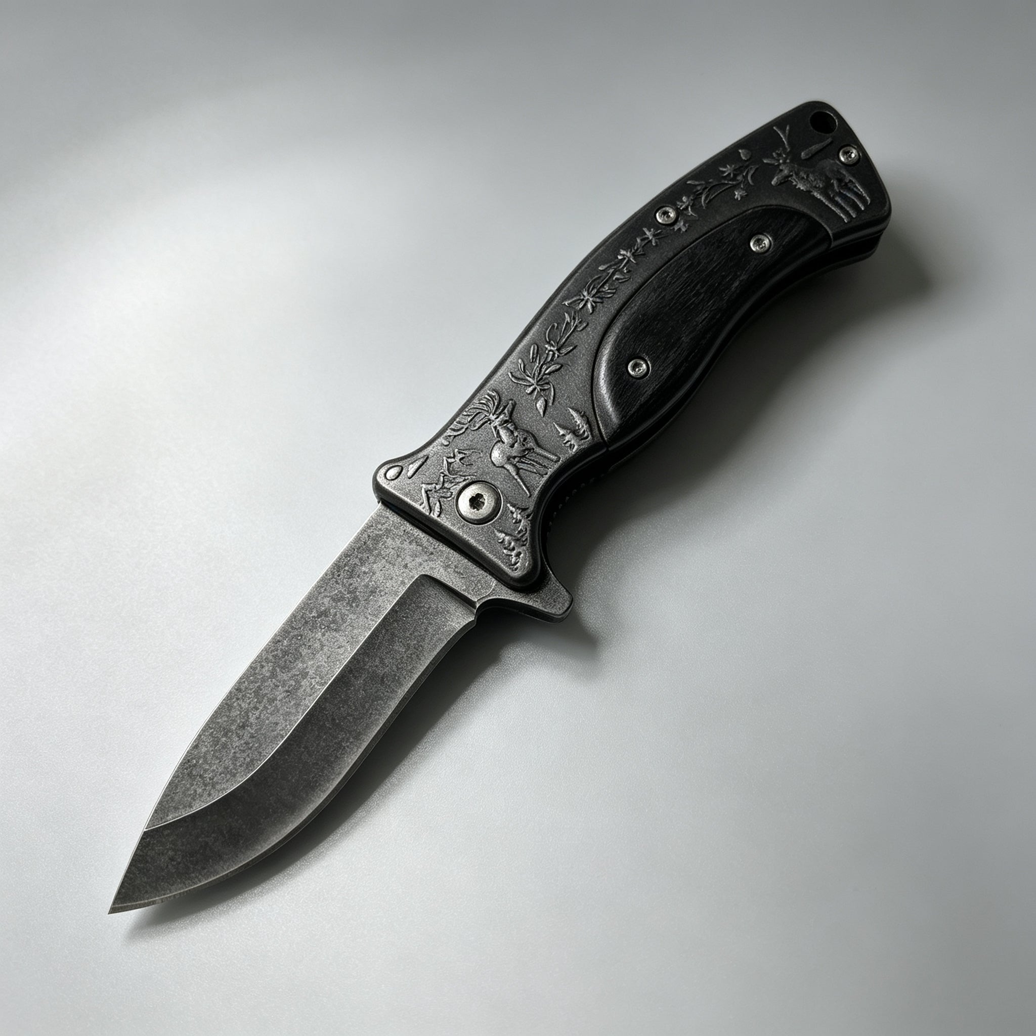 PH03-2 Folding Knife – Deer Etch, Wood Inlay — view 2